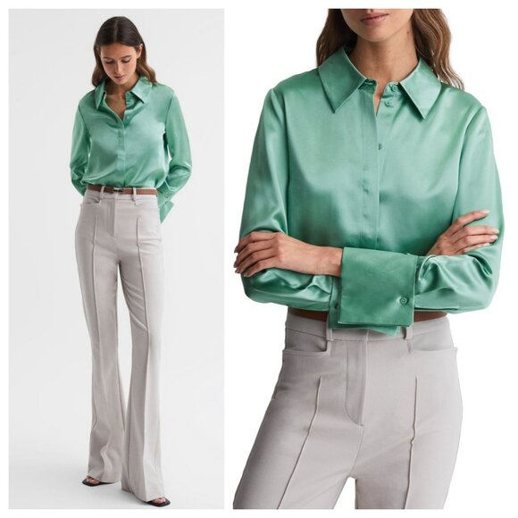 Reiss Haley Silk Satin Shirt in Aqua - Picture 1 of 4